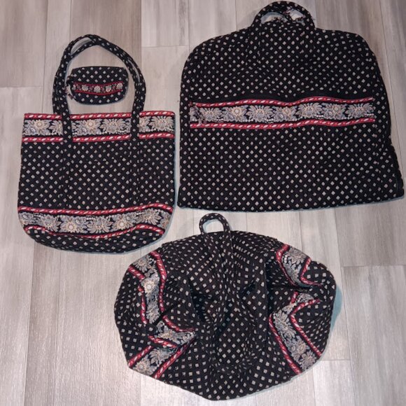 SOLD Vera Bradley Retired Black Floral 4-Piece Tote Bag Duffle Bag Garment Bag - Picture 1 of 16